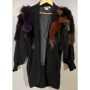 Vintage La Mittini Black Luxurious Angora Dyed Fur Trim Open Cardigan Women's‎ S